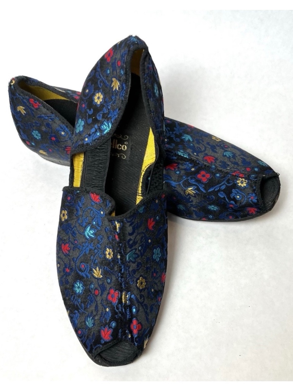 Vintage Wellco Floral Brocade Peep-Toe Boudoir Slippers House Shoes Size 7.5